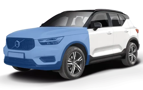Diagram showing PPF coverage across the full front clip including fenders, mirrors, and headlights